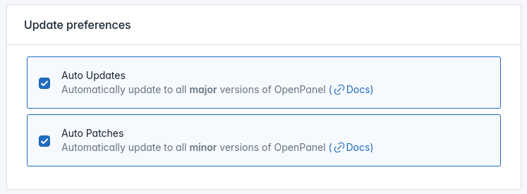 openadmin set update preferences